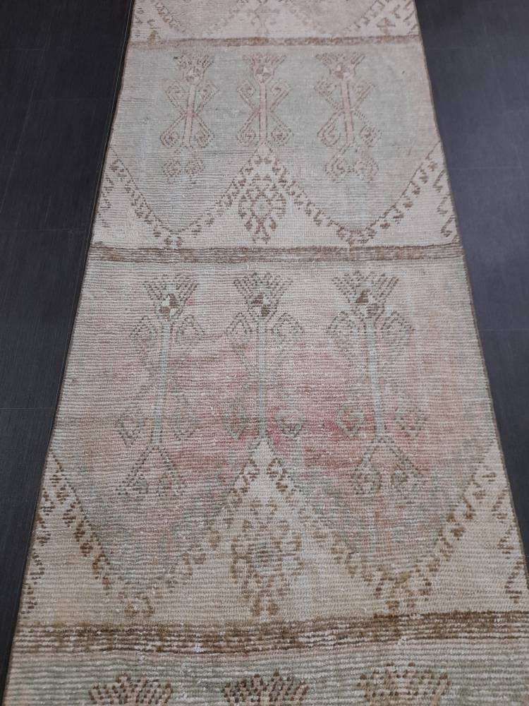 Pink Turkish Runner Rug 3' 2" x 12' 4" Hand-Knotted field