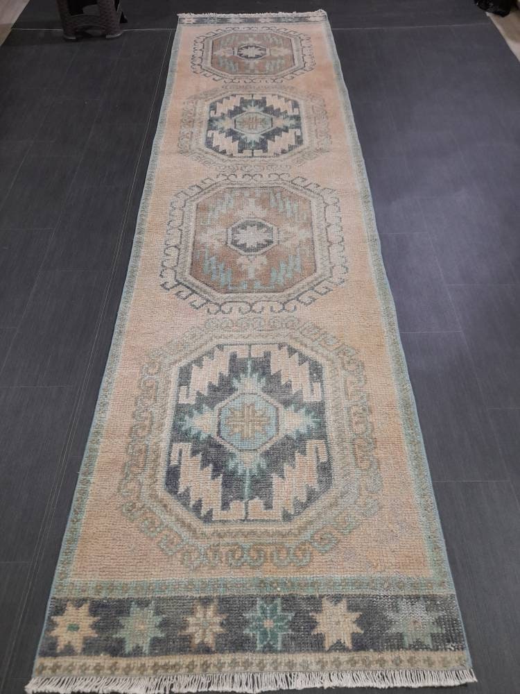 Beige Turkish Runner Rug 3' x 11' 7" Hand-Knotted reverse