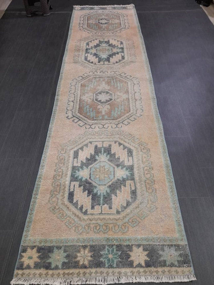Beige Turkish Runner Rug 3' x 11' 7" Hand-Knotted reverse