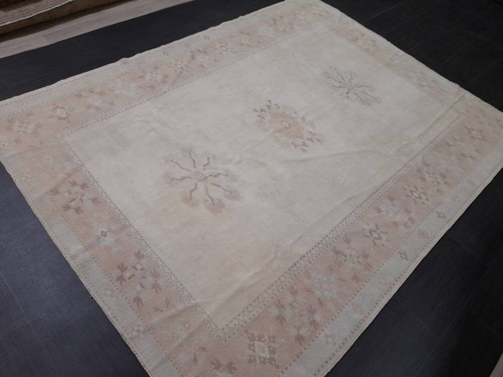 Beige Turkish Runner Rug 6' 10" x 8' 9" Hand-Knotted