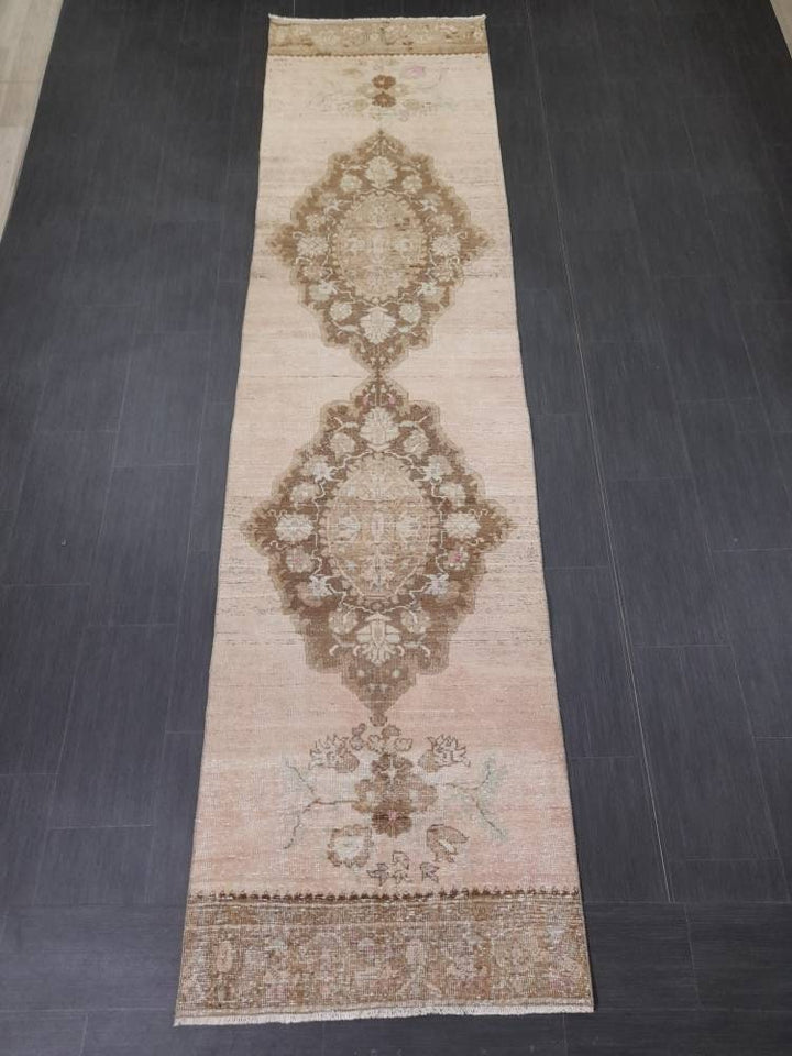 Beige Turkish Runner Rug 2' 10" x 11' 5" Hand-Knotted field