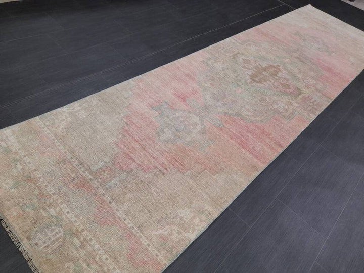 Beige Turkish Runner Rug 2' 11" x 10' 10" Hand-Knotted texture