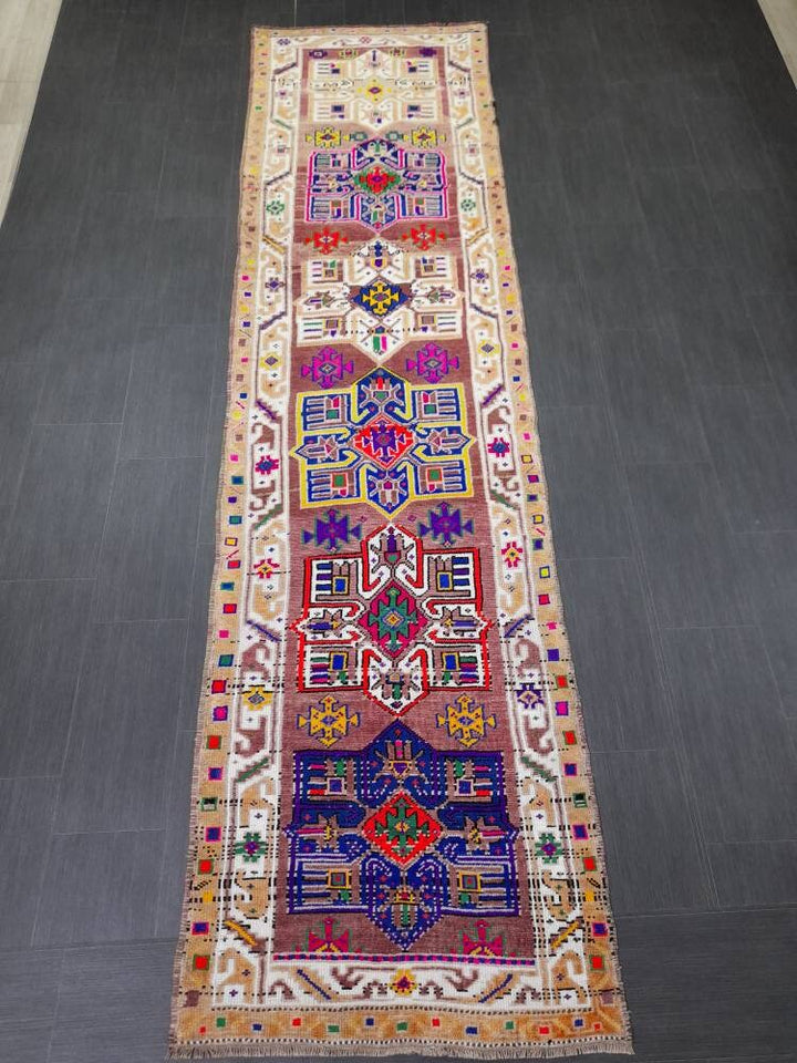 Beige Turkish Runner Rug 3' x 11' 7" Hand-Knotted field