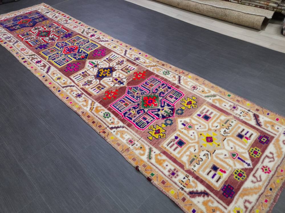 Beige Turkish Runner Rug 3' x 11' 7" Hand-Knotted close-up