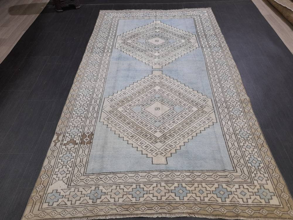 Blue Turkish Runner Rug 4' 9" x 8' 5" Hand-Knotted | No. WR89038