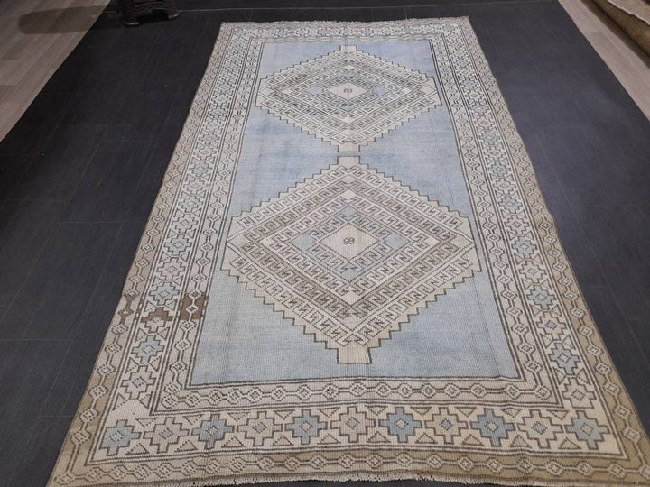 Blue Turkish Runner Rug 4' 9" x 8' 5" Hand-Knotted | No. WR89038