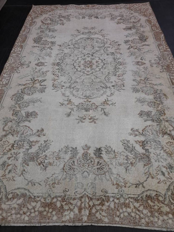Tan Turkish Oushak Rug 6' 4" x 10' 3" Hand-Knotted pattern