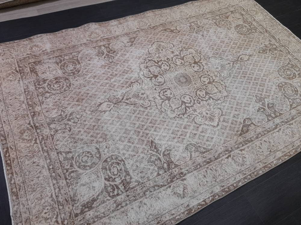 Tan Turkish Oushak Rug 6'8" x 10'2" Hand-Knotted reverse