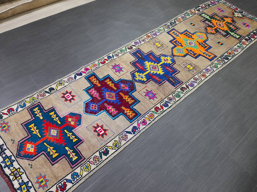 Beige Turkish Runner Rug 3' x 10' 10" Hand-Knotted