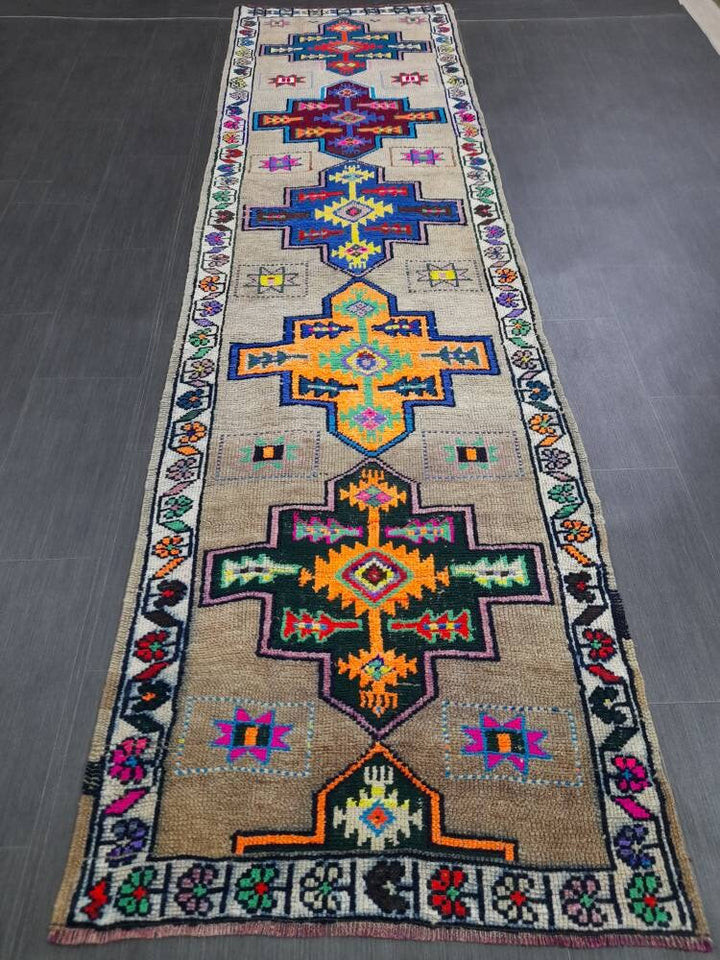 Beige Turkish Runner Rug 3' x 10' 10" Hand-Knotted reverse
