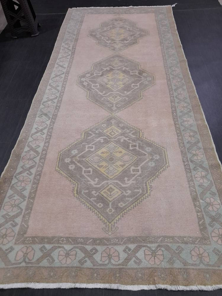 Tan Turkish Runner Rug 4' 9" x 11' 1" Hand-Knotted reverse