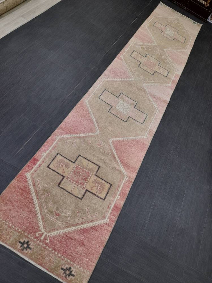 Pink Turkish Runner Rug 2' 9" x 13' 9" Hand-Knotted reverse