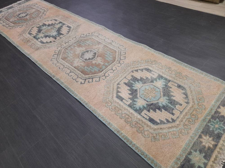 Beige Turkish Runner Rug 3' x 11' 7" Hand-Knotted close-up