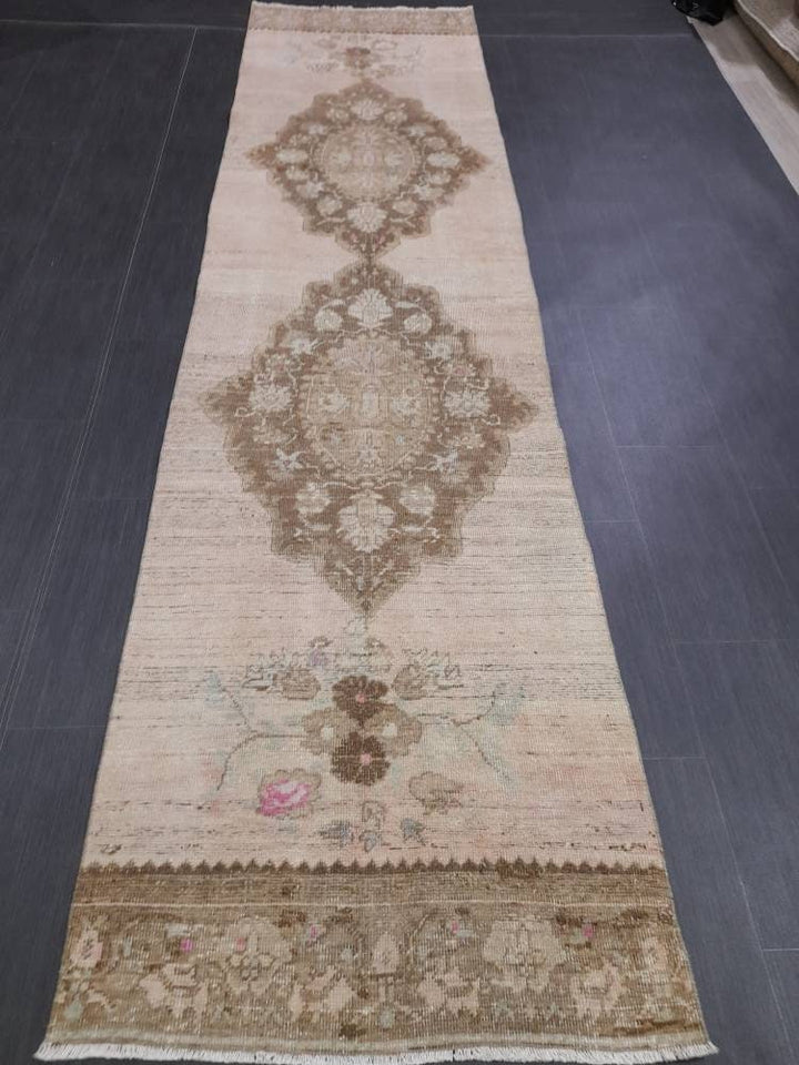Beige Turkish Runner Rug 2' 10" x 11' 5" Hand-Knotted reverse