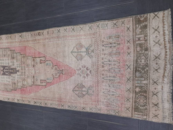 Pink Turkish Runner Rug 2' 9" x 12' 3" Hand-Knotted reverse