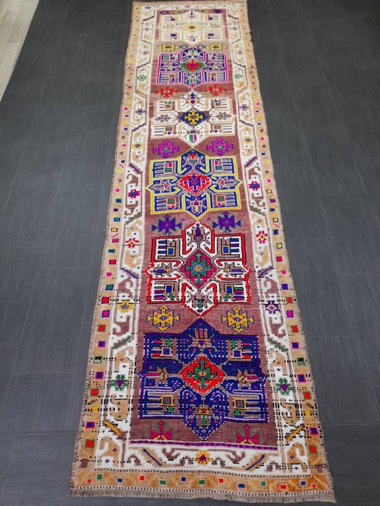 Beige Turkish Runner Rug 3' x 11' 7" Hand-Knotted detail