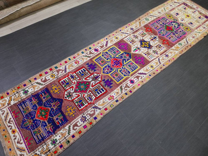 Beige Turkish Runner Rug 3' x 11' 7" Hand-Knotted pattern