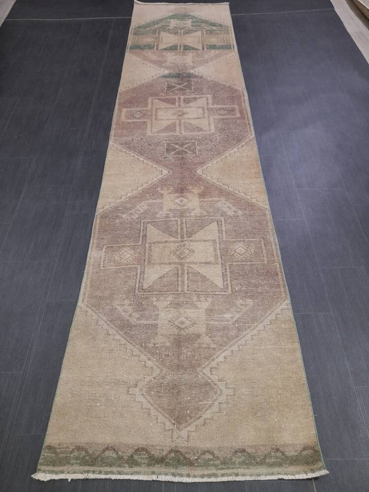 Beige Turkish Runner Rug 2' 10" x 12' 2" Hand-Knotted reverse