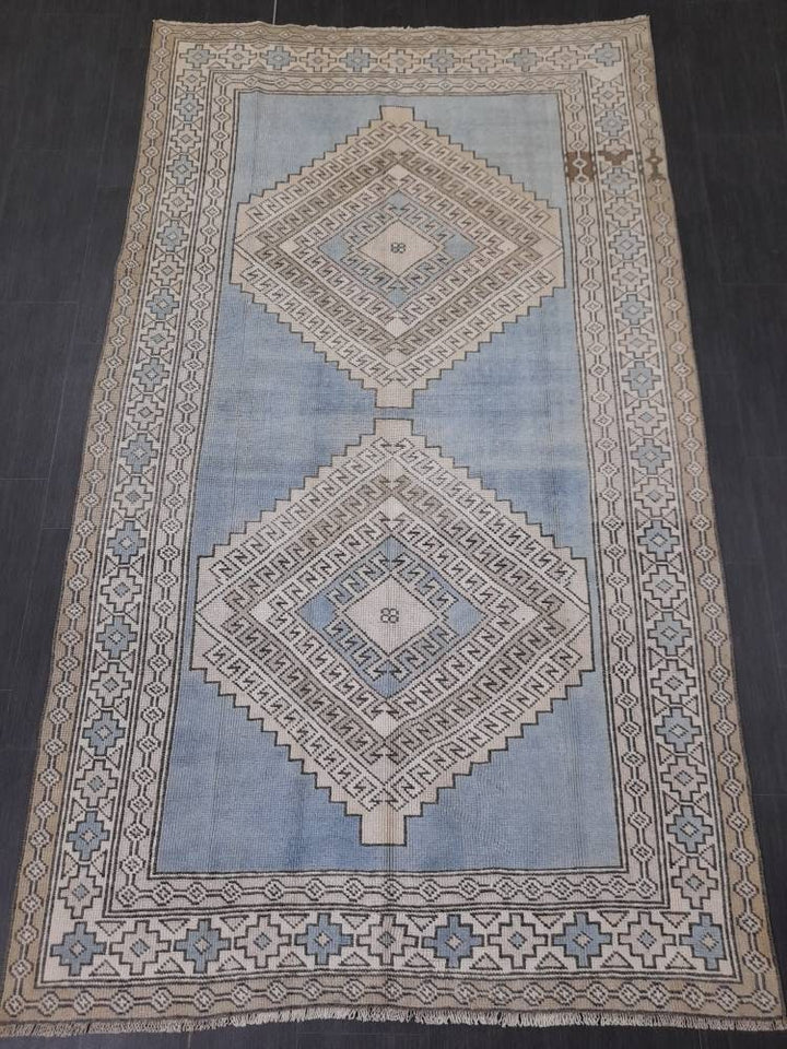 Blue Turkish Runner Rug 4' 9" x 8' 5" Hand-Knotted | No. WR89038