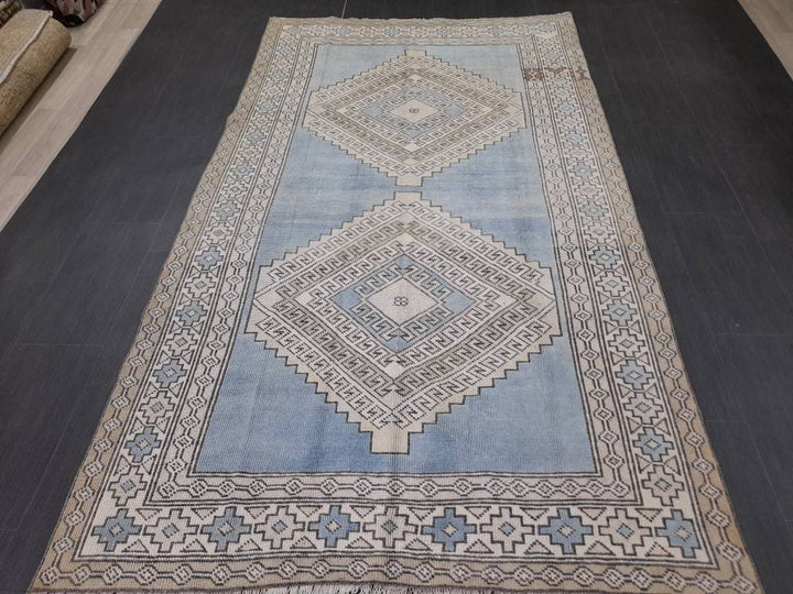 Blue Turkish Runner Rug 4' 9" x 8' 5" Hand-Knotted | No. WR89038
