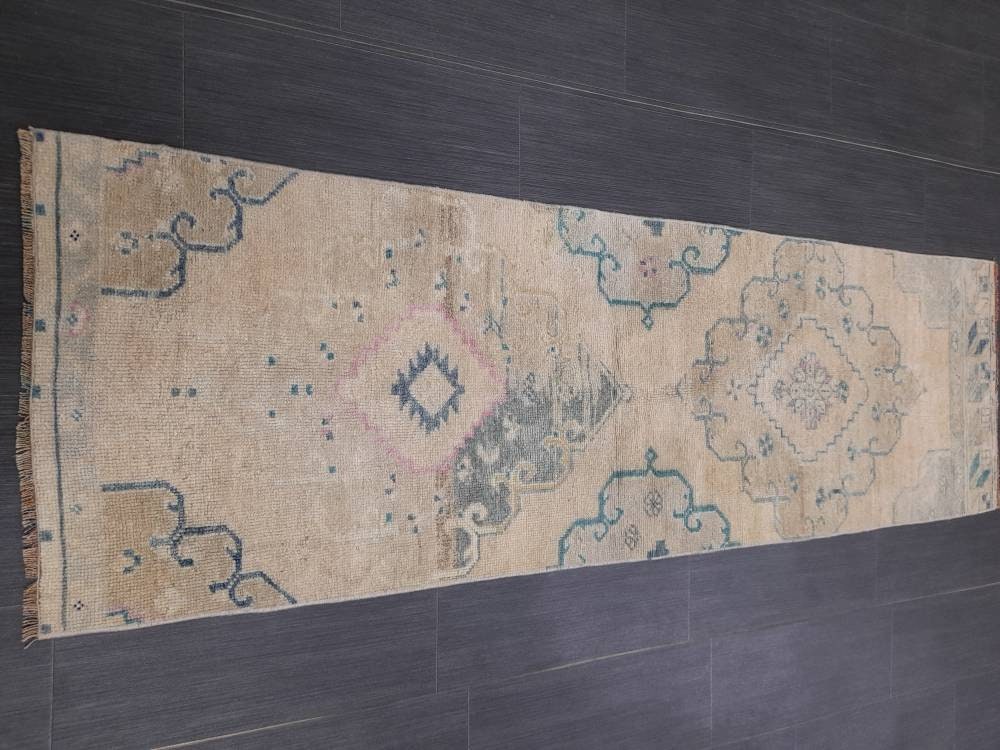 Beige Turkish Runner Rug 2' x 6' 4" Hand-Knotted close-up