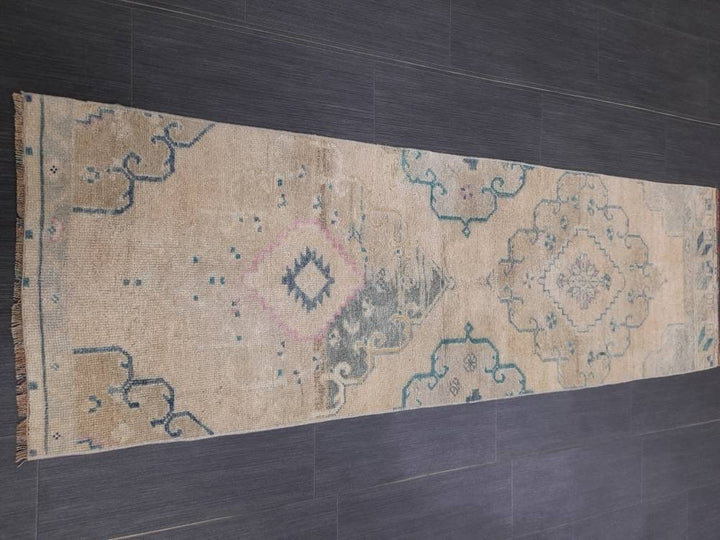 Beige Turkish Runner Rug 2' x 6' 4" Hand-Knotted close-up