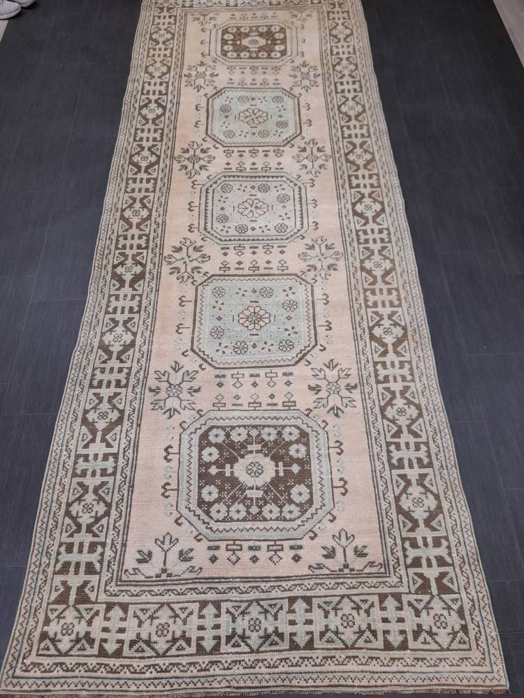 Beige Turkish Runner Rug 4' 4" x 12' 2" Hand-Knotted detail