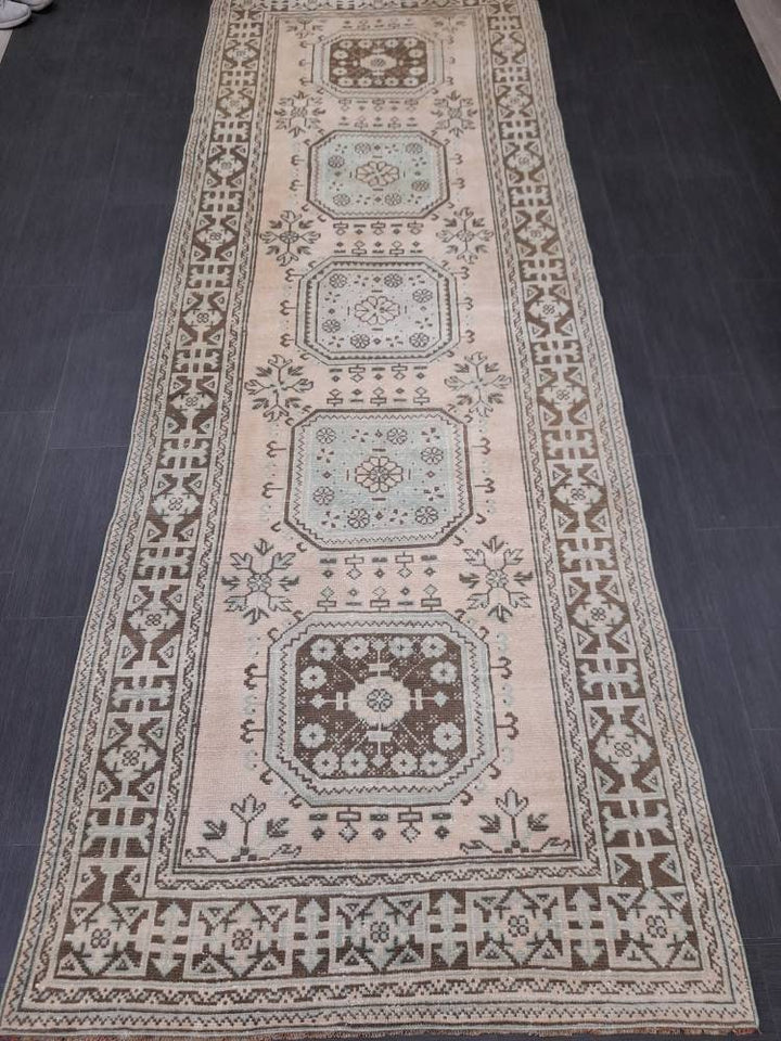 Beige Turkish Runner Rug 4' 4" x 12' 2" Hand-Knotted detail
