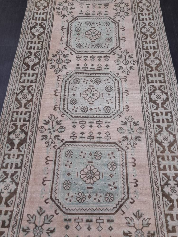 Beige Turkish Runner Rug 4' 4" x 12' 2" Hand-Knotted border