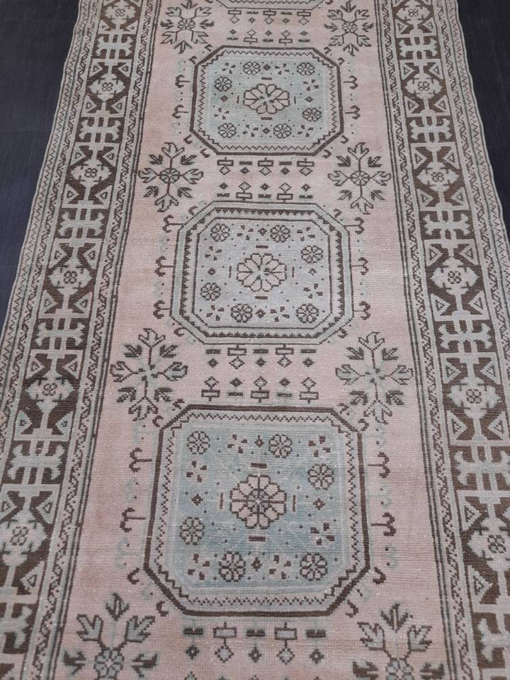 Beige Turkish Runner Rug 4' 4" x 12' 2" Hand-Knotted border