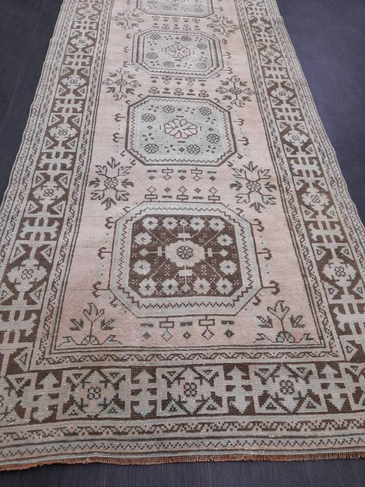 Beige Turkish Runner Rug 4' 4" x 12' 2" Hand-Knotted field