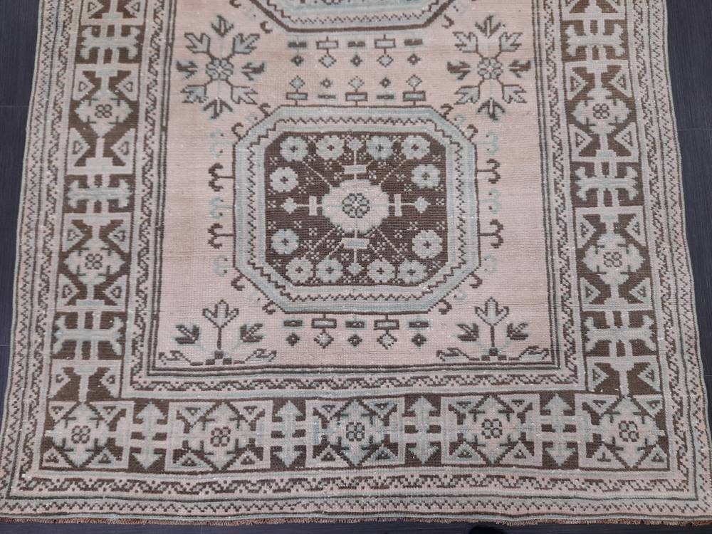 Beige Turkish Runner Rug 4' 4" x 12' 2" Hand-Knotted pattern