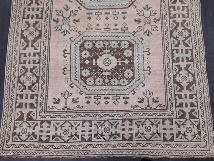 Beige Turkish Runner Rug 4' 4" x 12' 2" Hand-Knotted pattern
