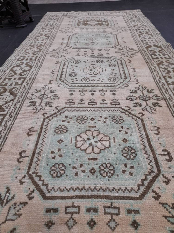 Beige Turkish Runner Rug 4' 4" x 12' 2" Hand-Knotted reverse