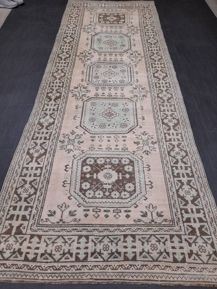 Beige Turkish Runner Rug 4' 4" x 12' 2" Hand-Knotted view 9