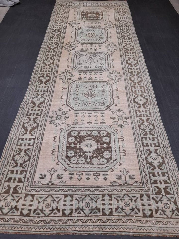 Beige Turkish Runner Rug 4' 4" x 12' 2" Hand-Knotted view 9