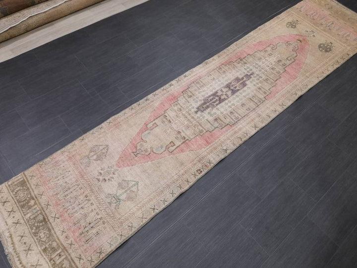 Pink Turkish Runner Rug 2' 9" x 12' 3" Hand-Knotted close-up
