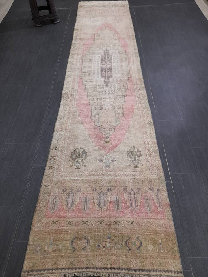 Pink Turkish Runner Rug 2' 9" x 12' 3" Hand-Knotted detail