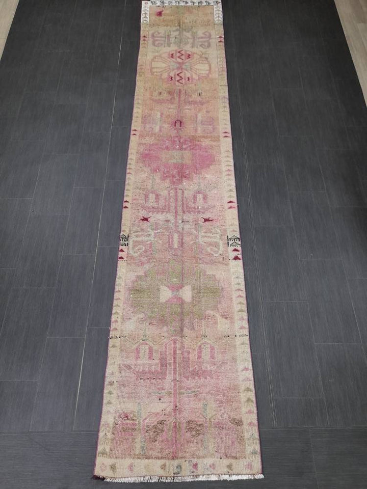 Beige Turkish Runner Rug 2' 5" x 12' 5" Hand-Knotted close-up