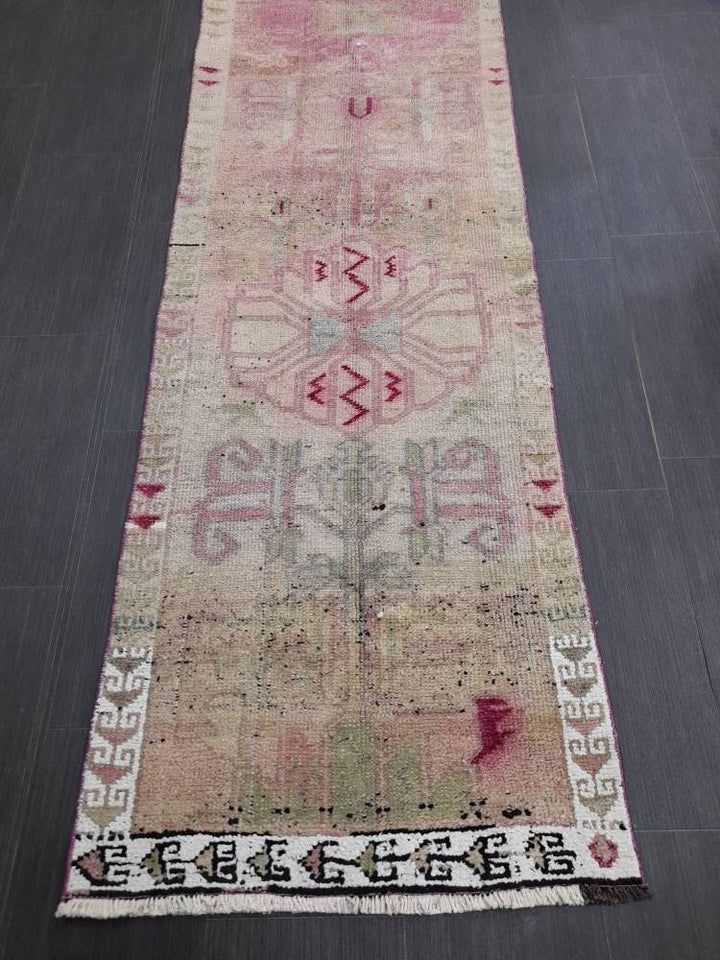 Beige Turkish Runner Rug 2' 5" x 12' 5" Hand-Knotted pattern
