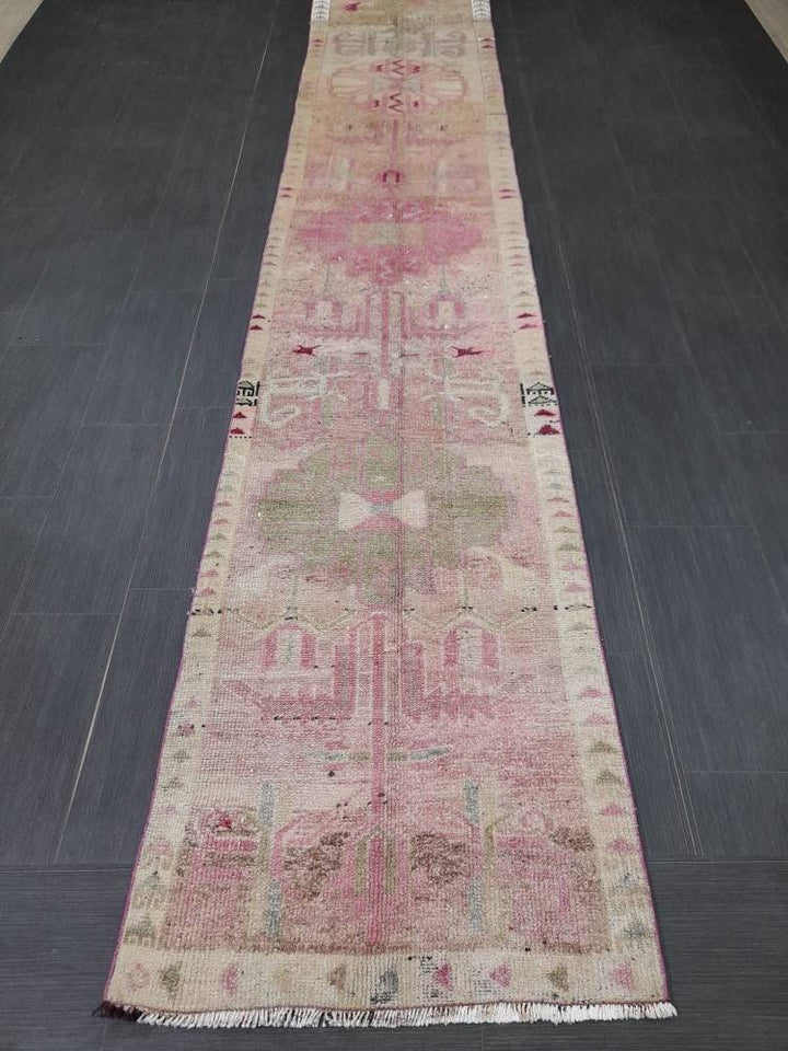Beige Turkish Runner Rug 2' 5" x 12' 5" Hand-Knotted reverse
