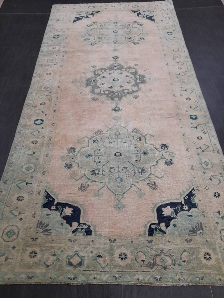 Beige Turkish Oushak Rug 5' 1" x 10' 6" Hand-Knotted close-up