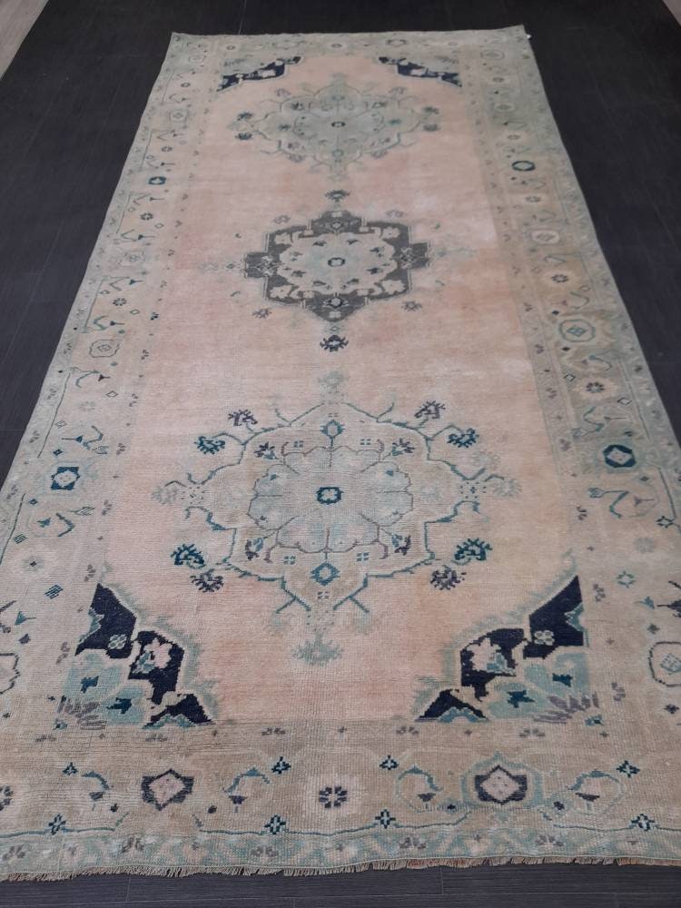Beige Turkish Oushak Rug 5' 1" x 10' 6" Hand-Knotted field