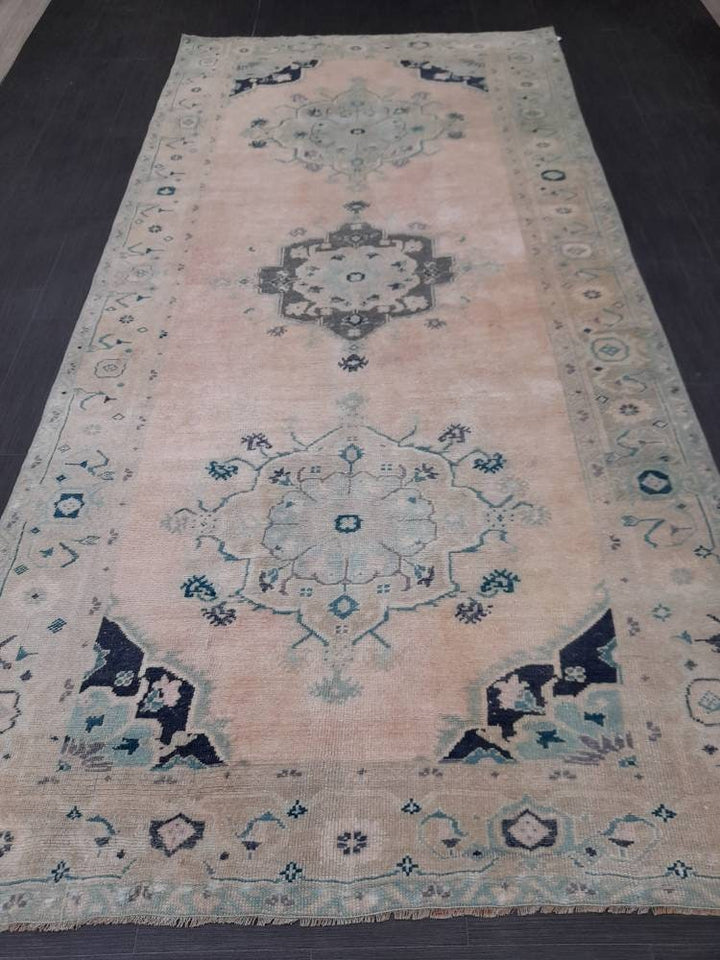 Beige Turkish Oushak Rug 5' 1" x 10' 6" Hand-Knotted field