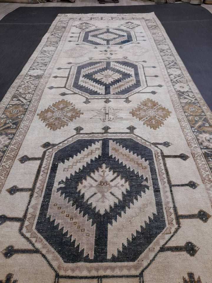 Beige Turkish Runner Rug 4' 7" x 13' 1" Hand-Knotted close-up