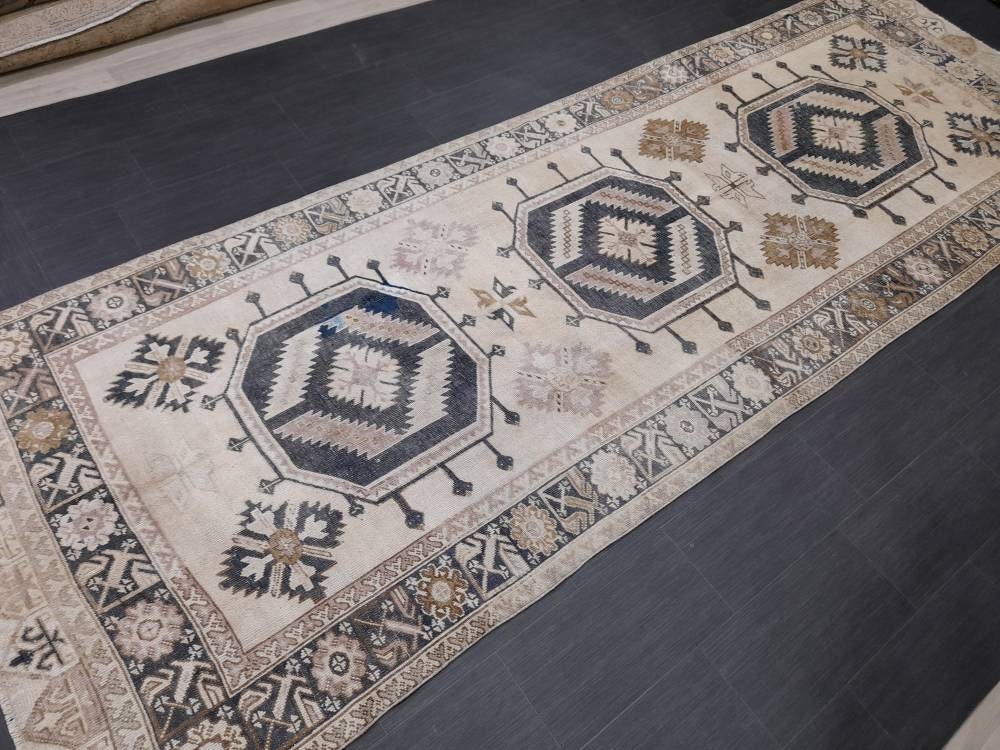 Beige Turkish Runner Rug 4' 7" x 13' 1" Hand-Knotted