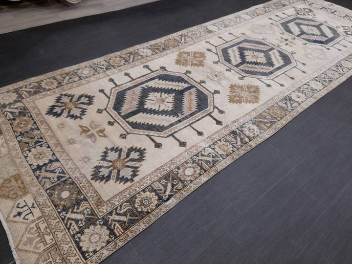 Beige Turkish Runner Rug 4' 7" x 13' 1" Hand-Knotted reverse