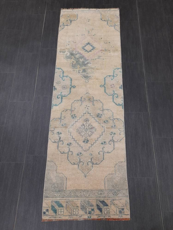 Beige Turkish Runner Rug 2' x 6' 4" Hand-Knotted pattern