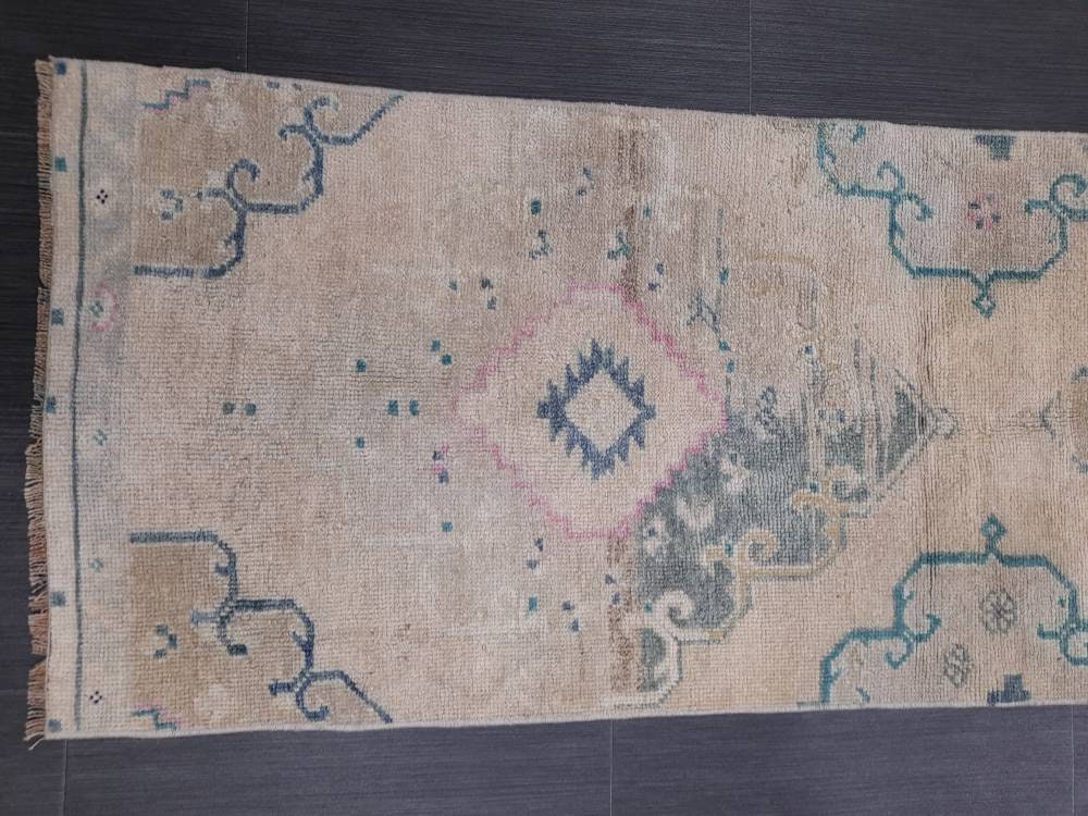 Beige Turkish Runner Rug 2' x 6' 4" Hand-Knotted reverse
