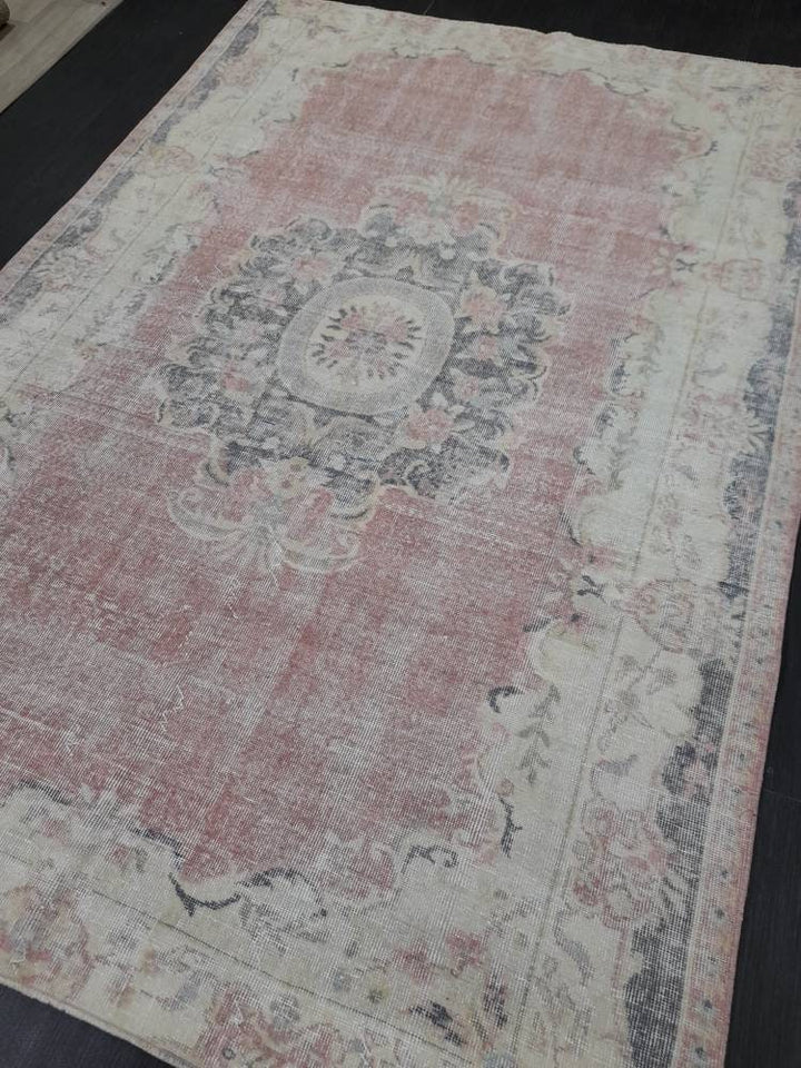 Beige Turkish Distressed Oushak Rug 6' x 8' 9" Hand-Knotted | No. WR48162